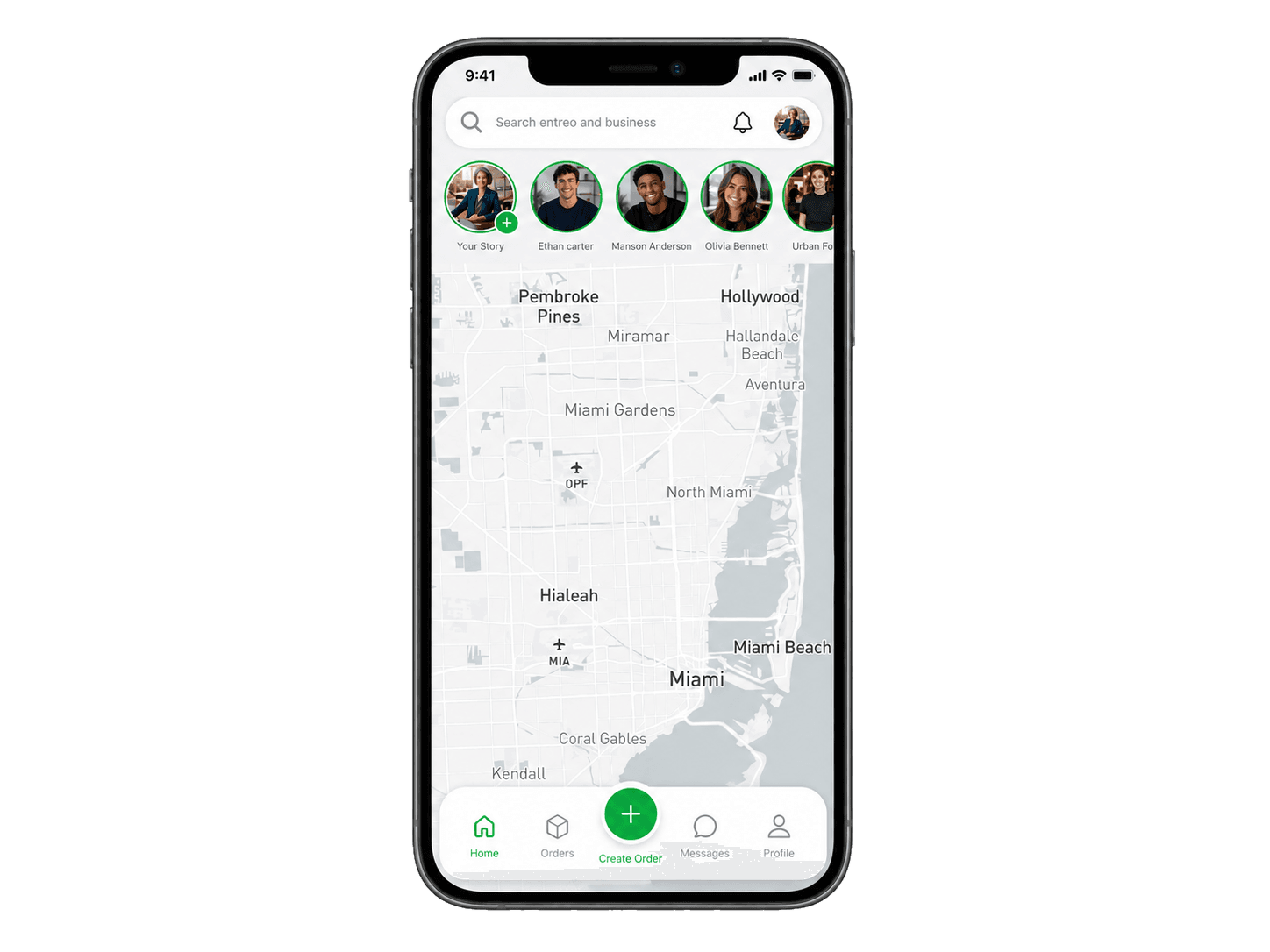 Entreo app showing live delivery tracking on a Miami map